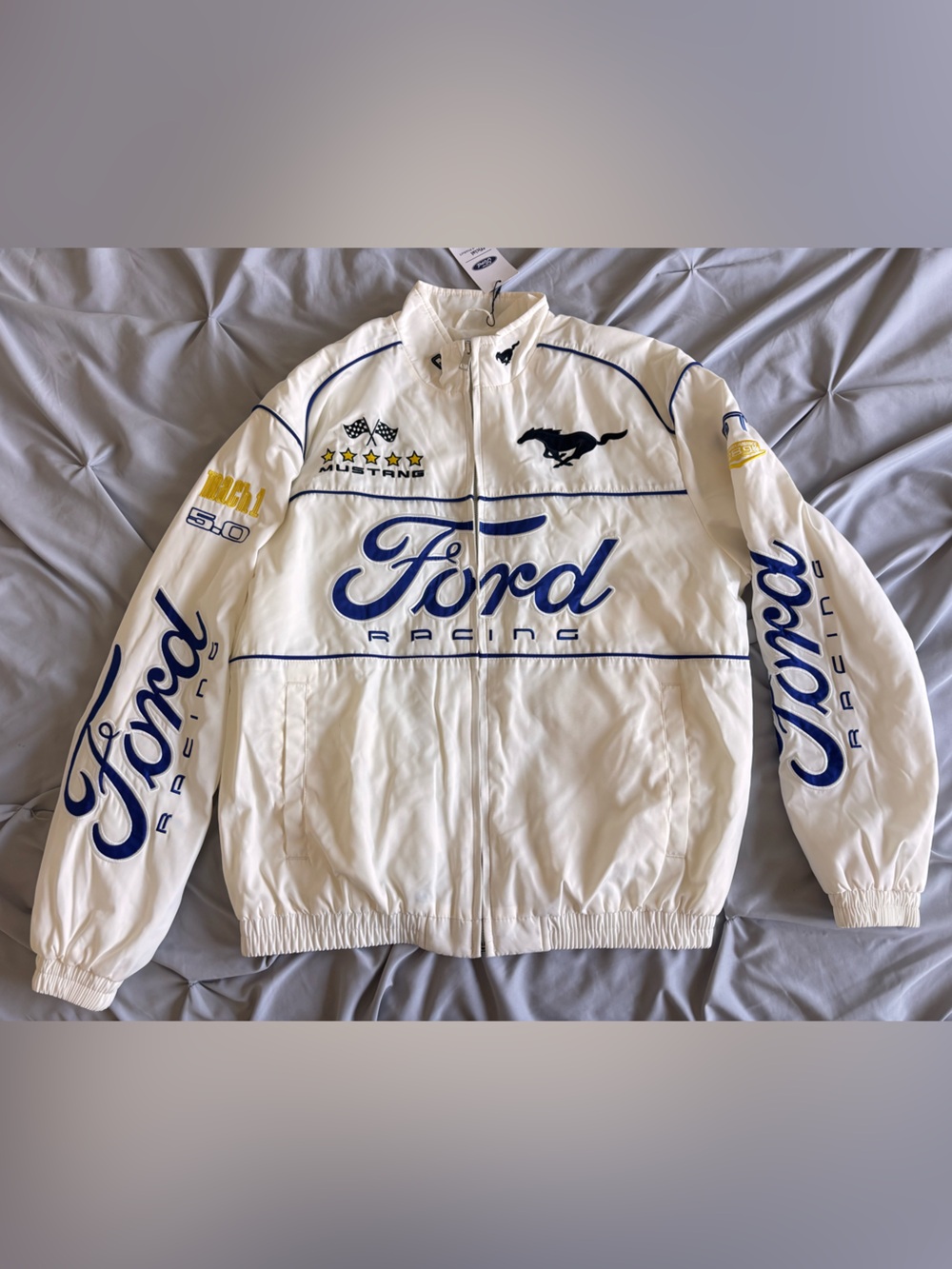 Ford Racing Mustang White Bomber Varsity Jacket Size Medium Mens Brand New